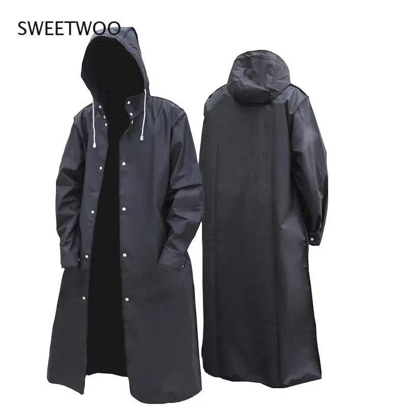 Black Fashion Adult Waterproof Long Raincoat Women Men Rain coat Hooded For Outdoor Hiking Travel Fishing Climbing Thickened