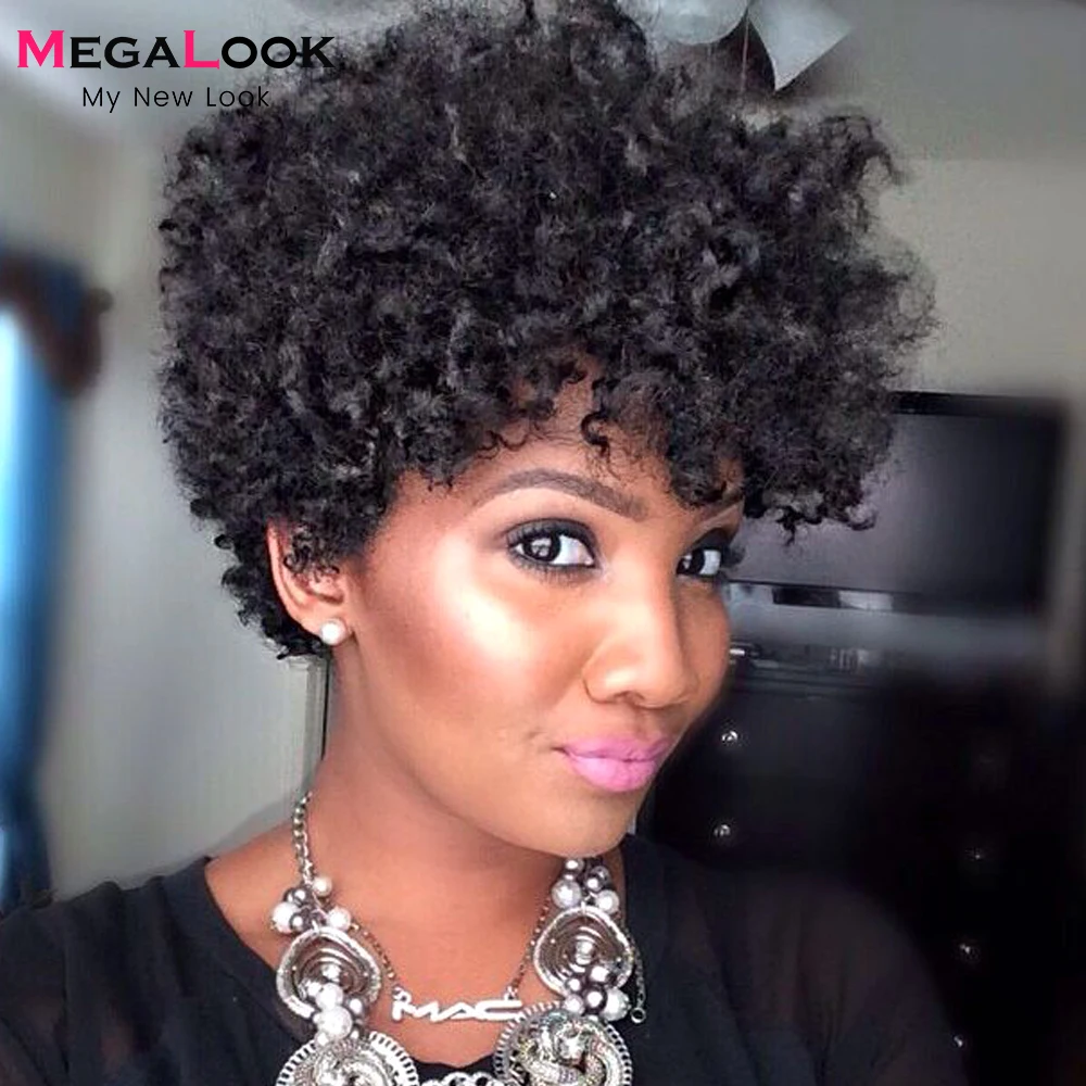 

Jerry Curly Pixie Cut Full Machine Made Wigs For Black Women Megalook Hair Brazilian Human Hair Wig Short Bob Wigs 180 Density