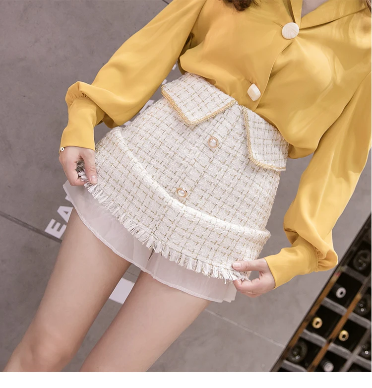 SMTHMA Winter tweed tassel skirts women high waist plaid black women's skirt korean chic mini short skirt faldas mujer moda