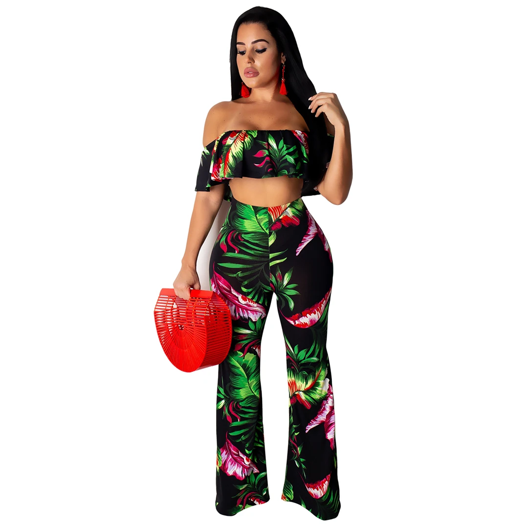 

Tmustobe Casual Print Two Piece Set Off Shoulder Women Summer Fashion Ruffle Slash Neck Crop Top And Wide Leg Pants Lady Outfit