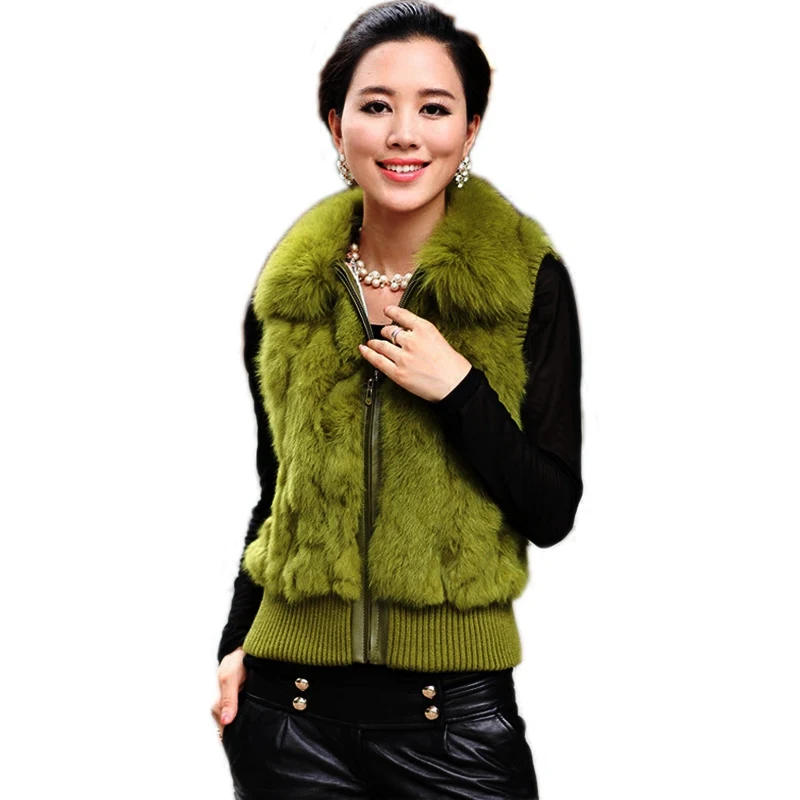 Women Real Rabbit Fur Vest Fox Collar Lady Slim Waistcoat Female Gilet LF5167