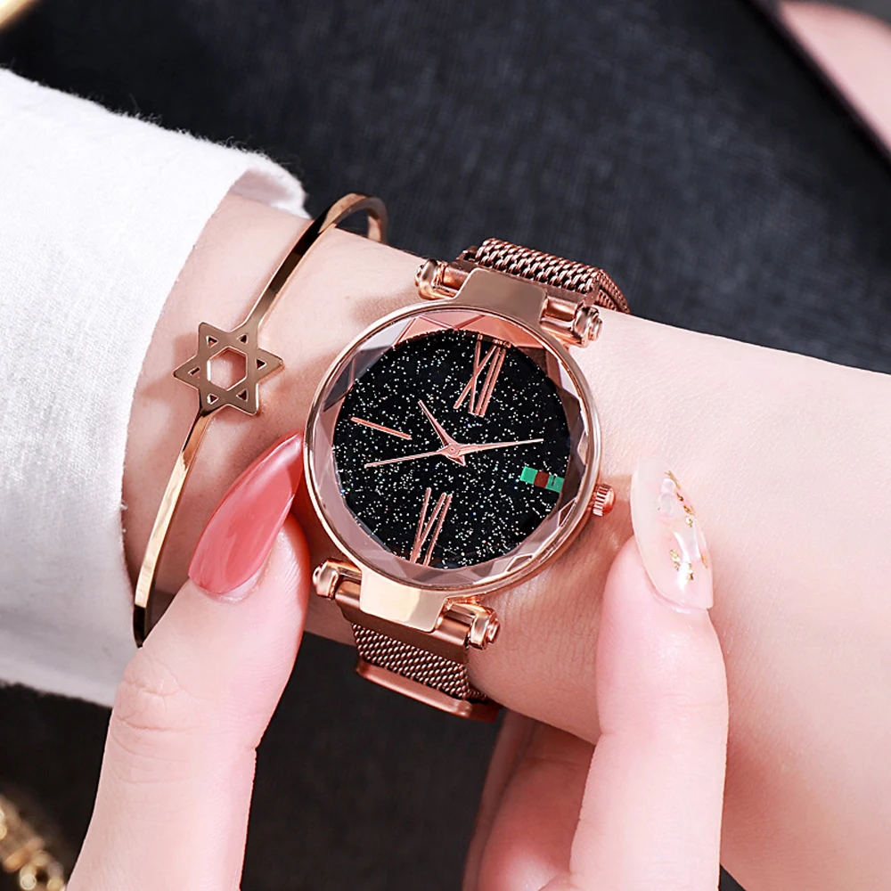 

Luxury Rose Gold Women Watches Minimalism Starry sky Magnet Buckle Fashion Casual Female Wristwatch Waterproof Roman Numeral