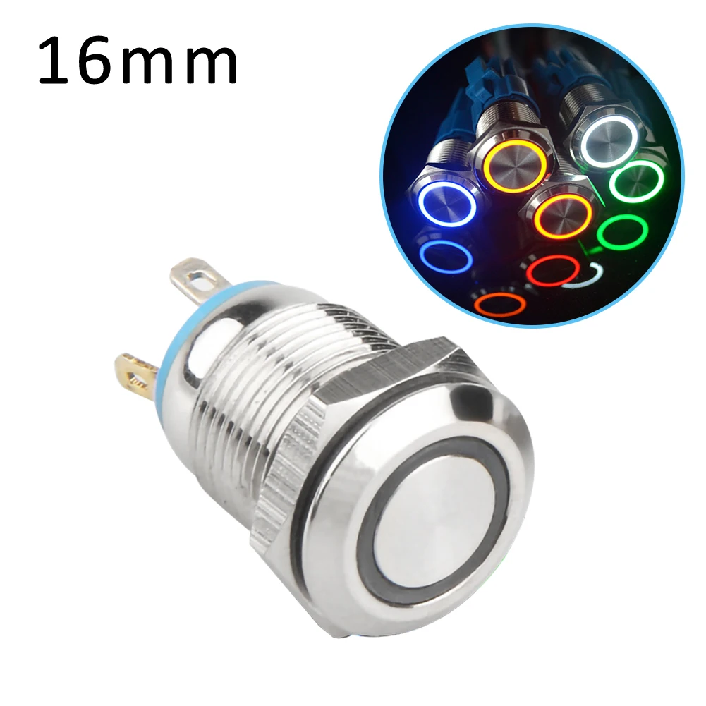 

16mm Waterproof Engine Button Switch LED Light Self-Locking Car Engine PC Power Start 12V Metal Push Button Button Switch Temper