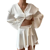womenu2019s 2 piece outfits sexy long sleeve button down crop tops wrap mini skirt set loungewear