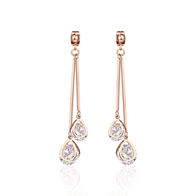 Женские длинные серьги в форме капель из розового золота с кристаллами женские