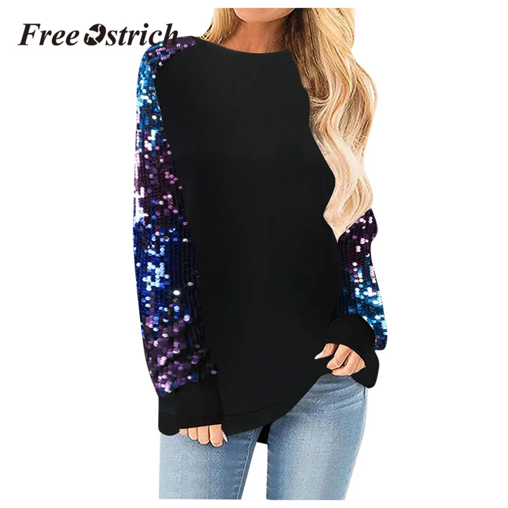 Free Ostrich Fashion Women Harajuku Sweatshirt Autumn Winter Sequins Long Sleeve Black Female Pullover Loose Dresses | Женская одежда