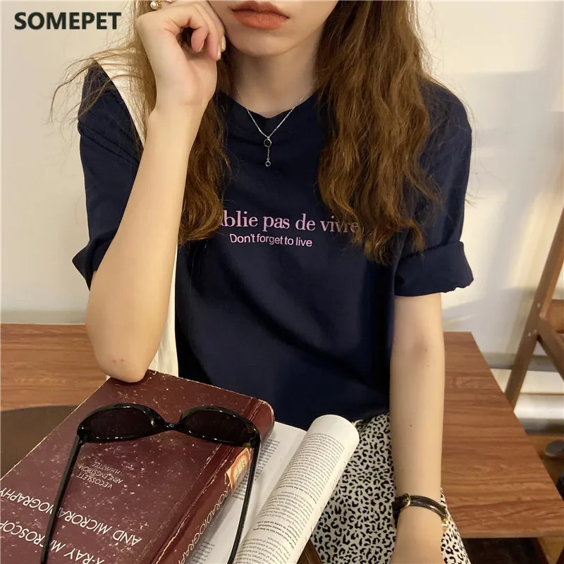

Letter Printed Thin Short Sleeve Cotton O-neck Fashion Vintage Sweet Fresh College Wind Basic Summer Women T-shirts