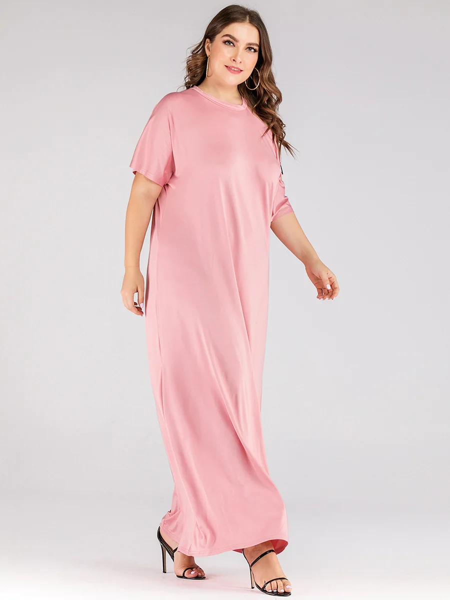 Платье женское длинное размера плюс повседневное элегантное свободное розовое
