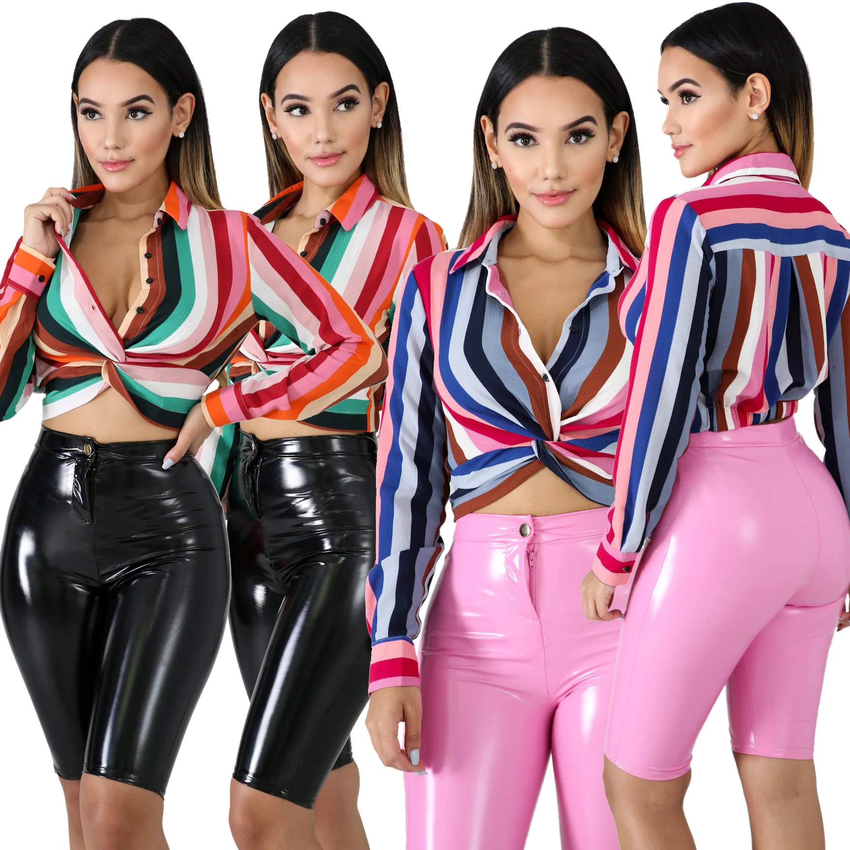 

Ursuper полиэстер сексуальные Клубные женские Полосатый узлом с лацканами летняя модная футболка с принтом рубашка в полоску