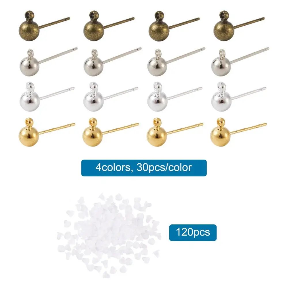 120pcs/box Mixed Color Brass Ball Post Stud Earring Findings with Loop and Plastic Ear Nuts For DIY Jewelry Making Accessories | Украшения