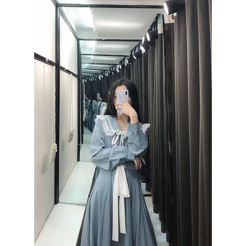 

2020 Japanese College Style Cute Lolita Women Dress Kawaii Bow Sweet Sailor Collar Full Sleeve High Waist Student Dresses E85