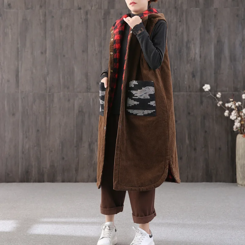 Женский клетчатый жилет Max LuLu повседневный вельветовый Длинный с капюшоном в