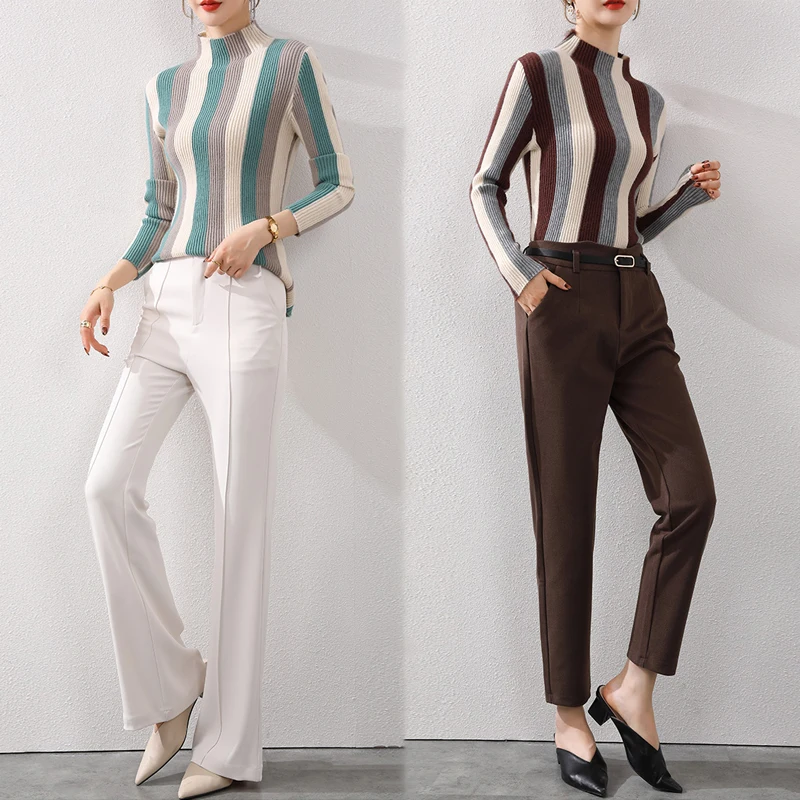 

Women Turtleneck Sweater Contrast Color Stripes Sweaters And Pullovers Slim-Fit Fashion Retro Knitwear Tops Cashmere Pull Femme
