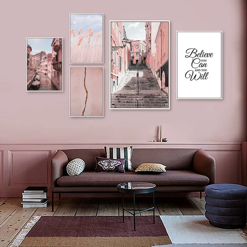 

Nordic Landscape Canvas Poster Pink Building Venice Boat Wall Art Canvas Painting Scandinavian Picture Living Room Home Decor