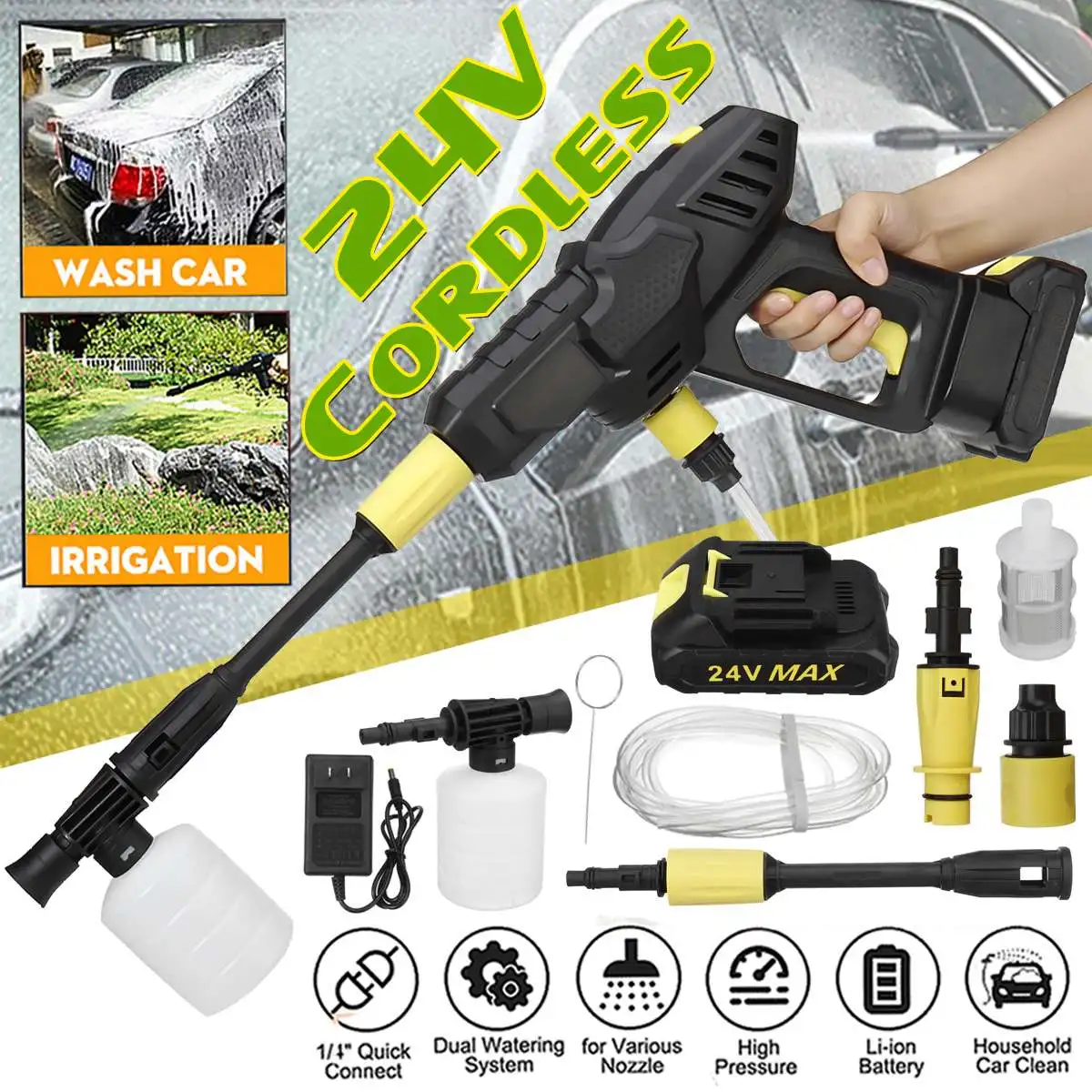 

200W 28BAR Wireless High Pressure Car Wash Water Gun Portable High Pressure Washer Foam Generator for 12V/24V Li-ion Battery