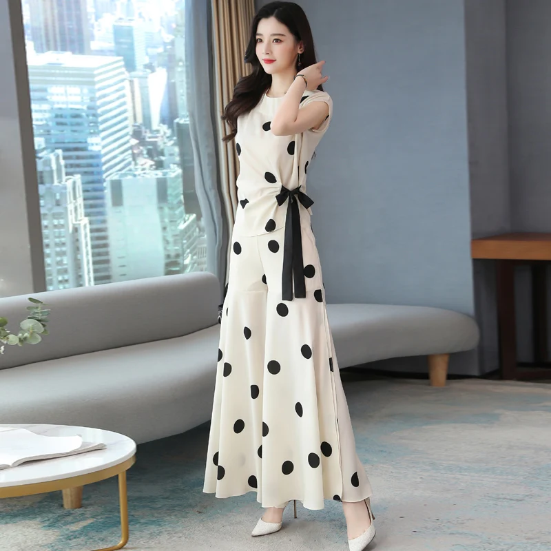 2021 новые летние женские топы с узором в горошек рубашка + широкие брюки наборы