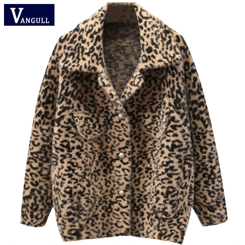 

Vangull Faux Fur Mink Fleece Women Coat Winter Thick Warm Soft Single Breasted Leopard Print Jacket Female Plush Loose Overcoat