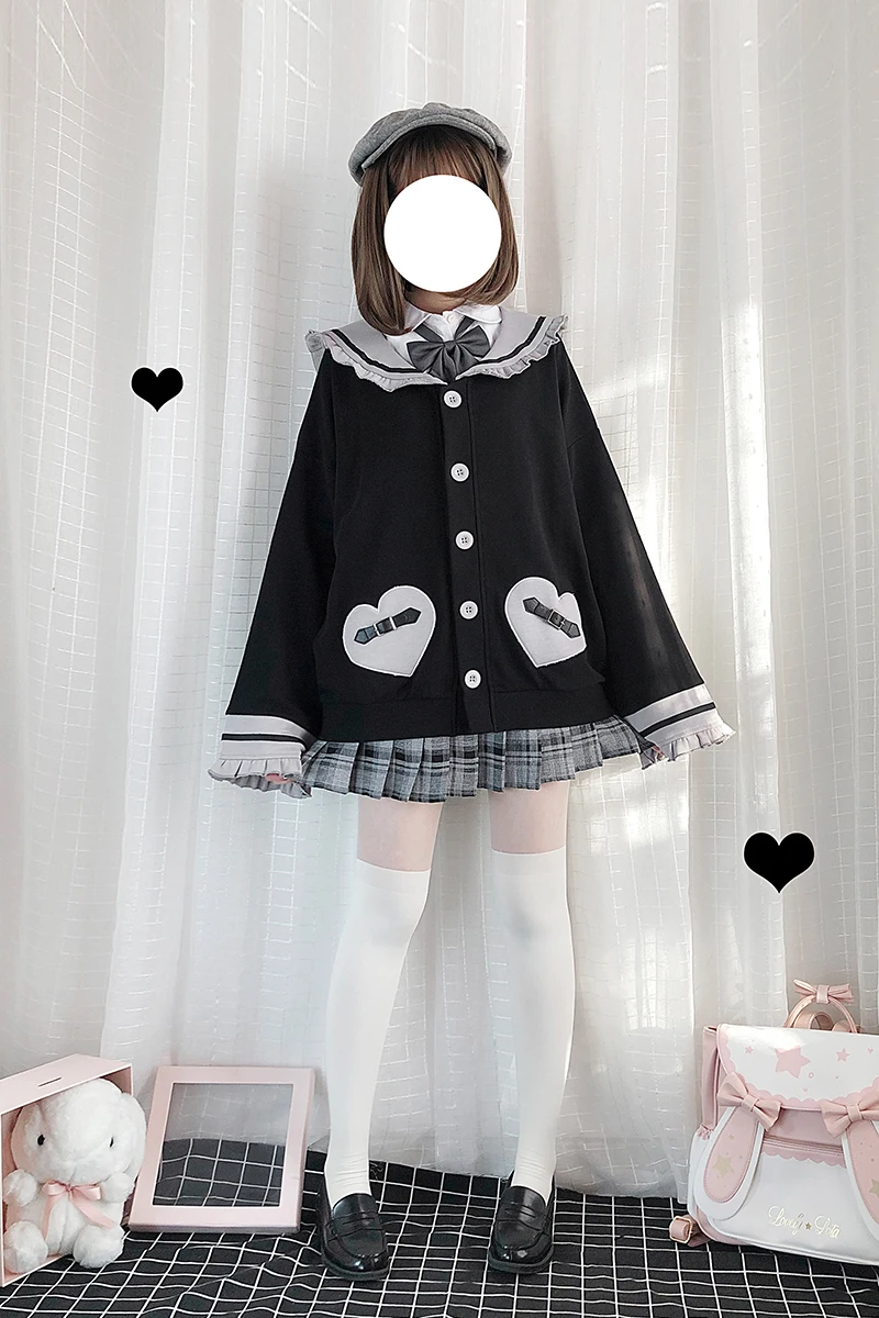 

NEW Japanese Vintage Mori Girl Grey Heart Lock Coat Autumn Navy collar Leather buckle Splicing Jacket Lolita Ruffled Outerwear