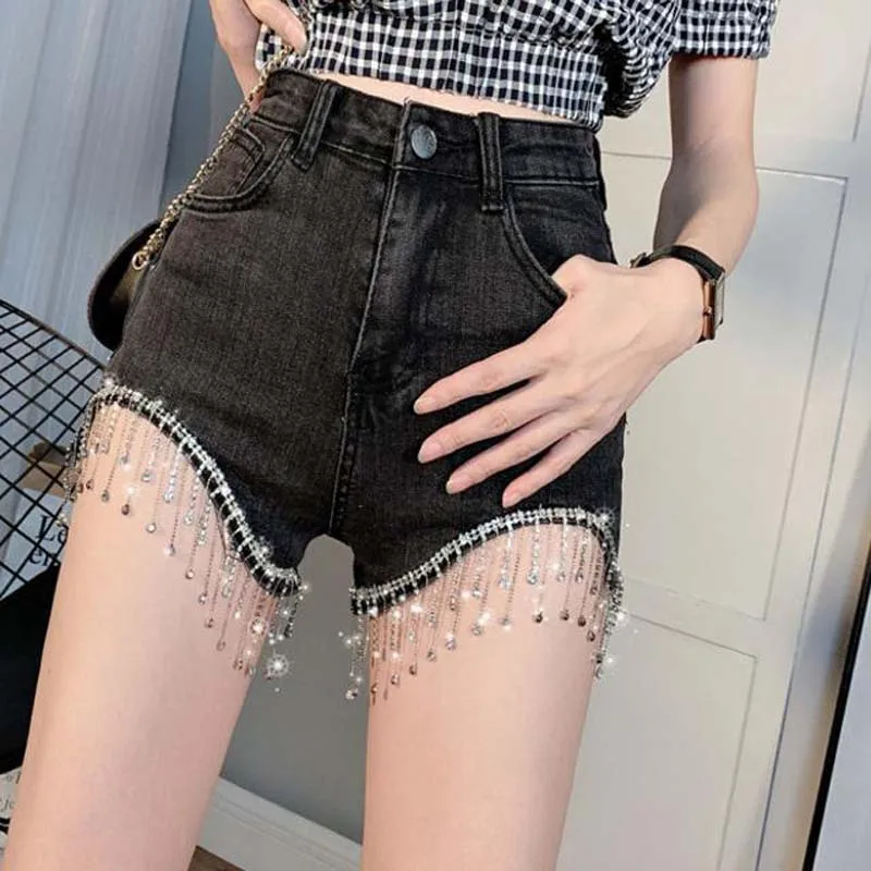 

2021 Women Spring Autumn Elegant Denim Shorts Female Tassel Casual High Waist Wide Leg Shorts Ladies Sexy Solid Slim Shorts G407