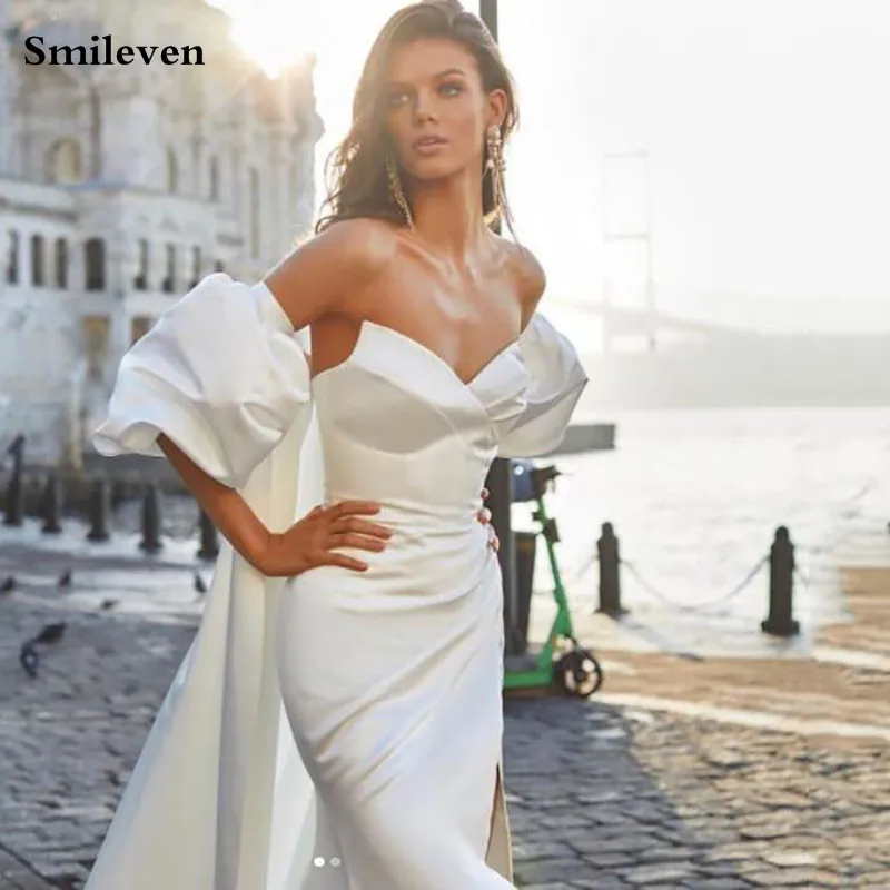 

Smileven White Satin Mermaid Wedding Dress Puff Sleeve Bride Dresses Side Split Wedding Gown Long Train Vestido de novia 2021