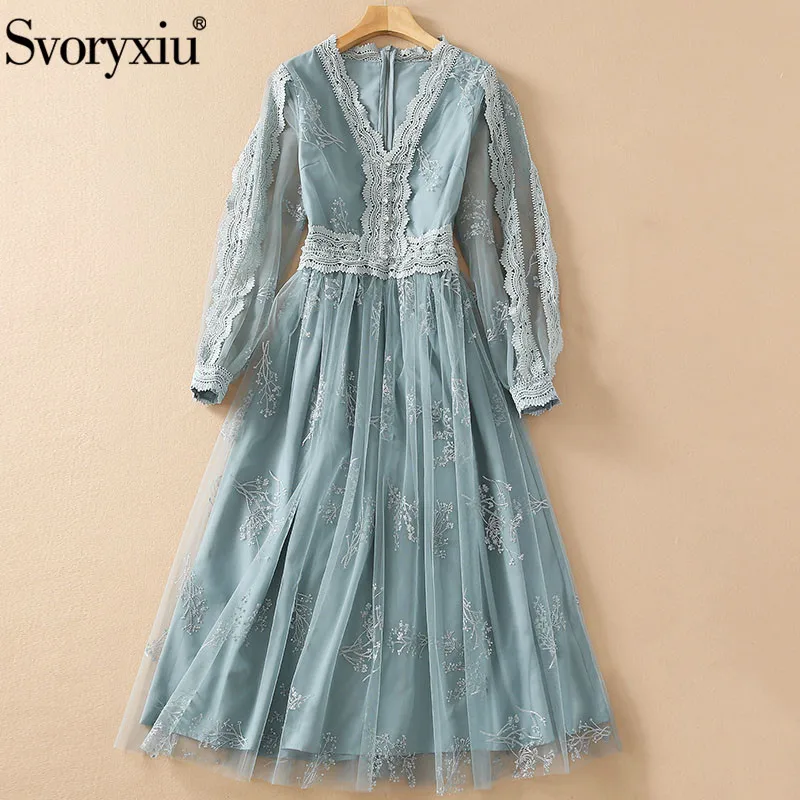 

Женское длинное платье Svoryxiu, дизайнерское платье с v-образным вырезом и рукавами-фонариками, Сетчатое платье с вышивкой, весна-лето 2021