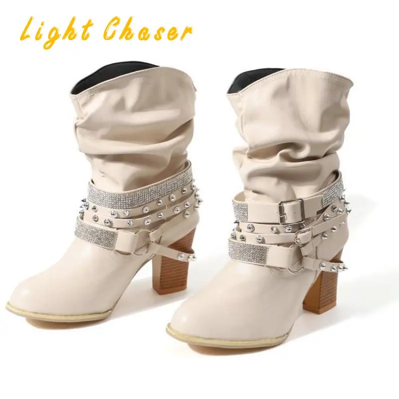 New Style Short Boots Gothic Punk Women's High-heeled Women's Boots Thick Heel Belt Buckle Rivets Plus Size Ladies Boots 34-43