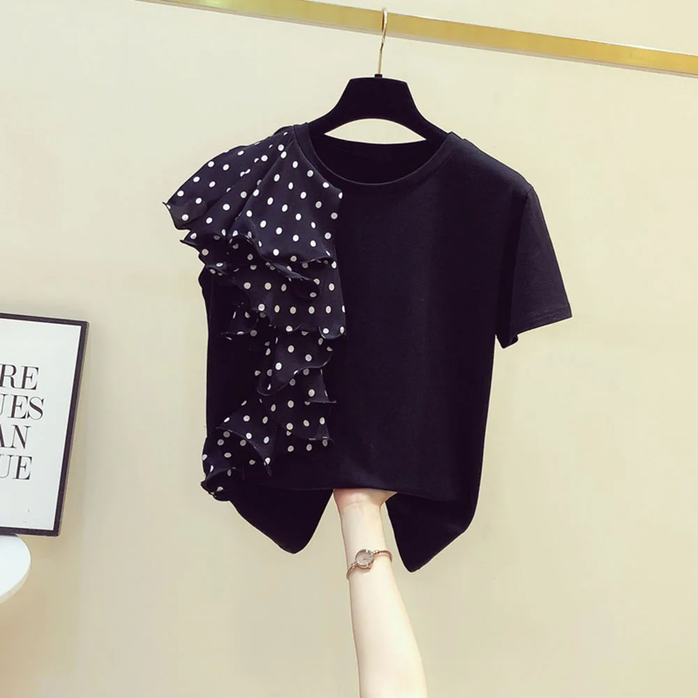 Женская Асимметричная футболка с коротким рукавом рюшами в горошек круглым