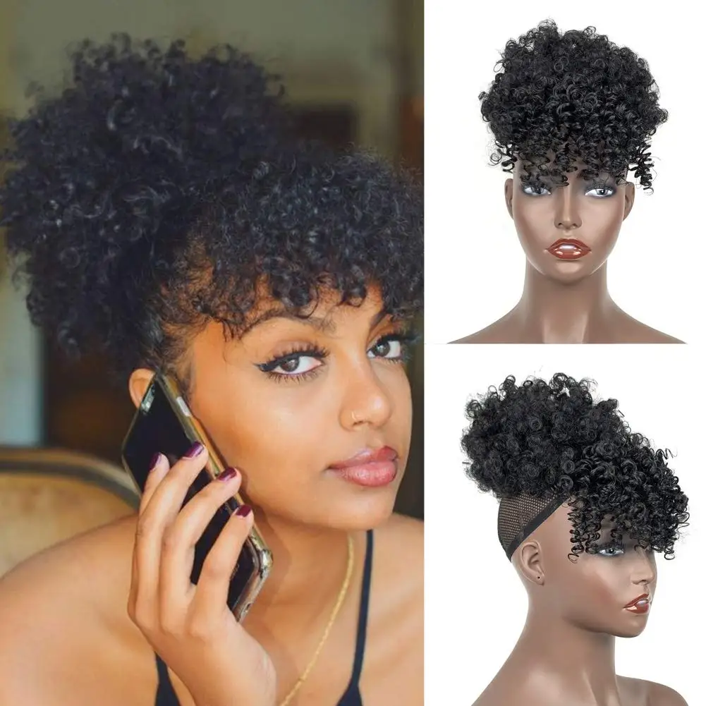 

Afro High Puff Hair Bun Ponytail Drawstring With Bangs Synthetic Short Kinkys Curly Pineapple Pony Tail Clip in on Wrap Updo