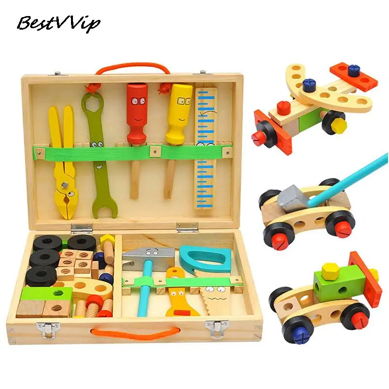 

Wooden Toolbox Toy Pretend Play Set Montessori Children Nut Disassembly Screw Assembly Simulation Repair Carpenter Tool For Boys
