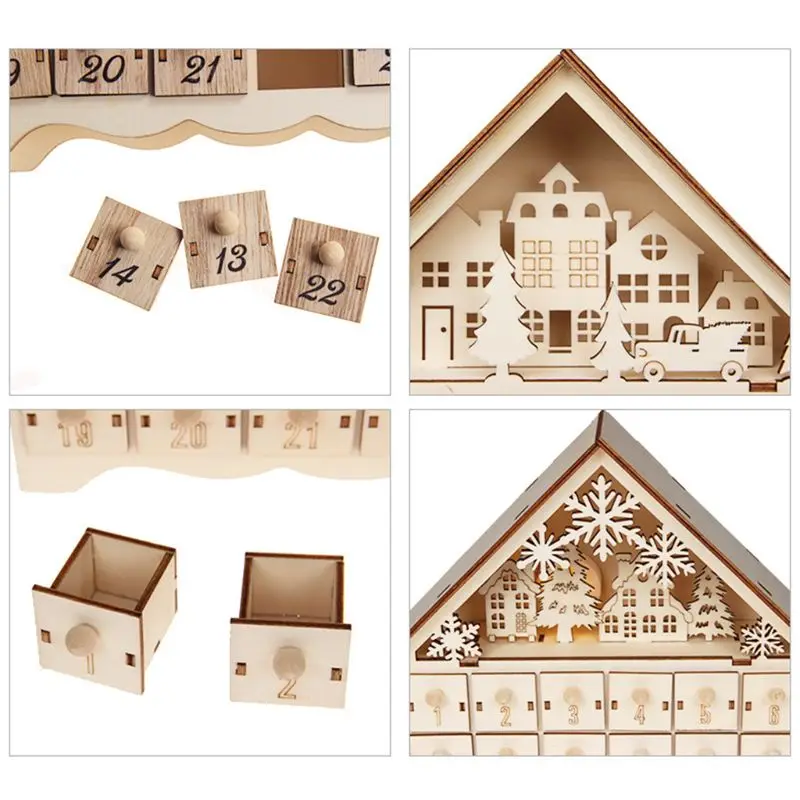

Christmas Snowman Snowflake Wooden Advent Calendar Countdown Decoration 24 Drawers with LED Light Ornament