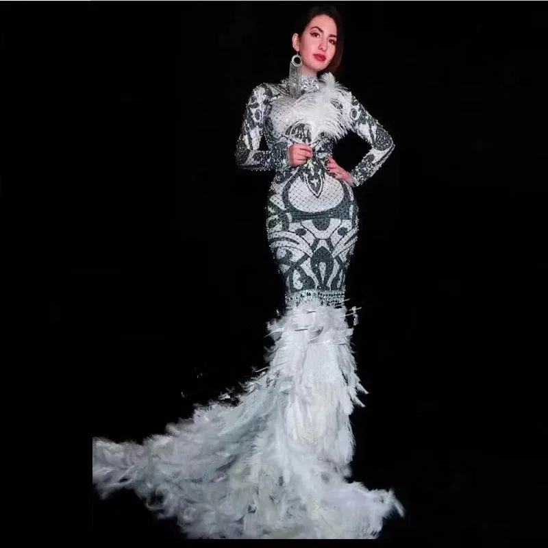 Черное Модное Длинное платье с бисером и перьями элегантное осеннее высоким