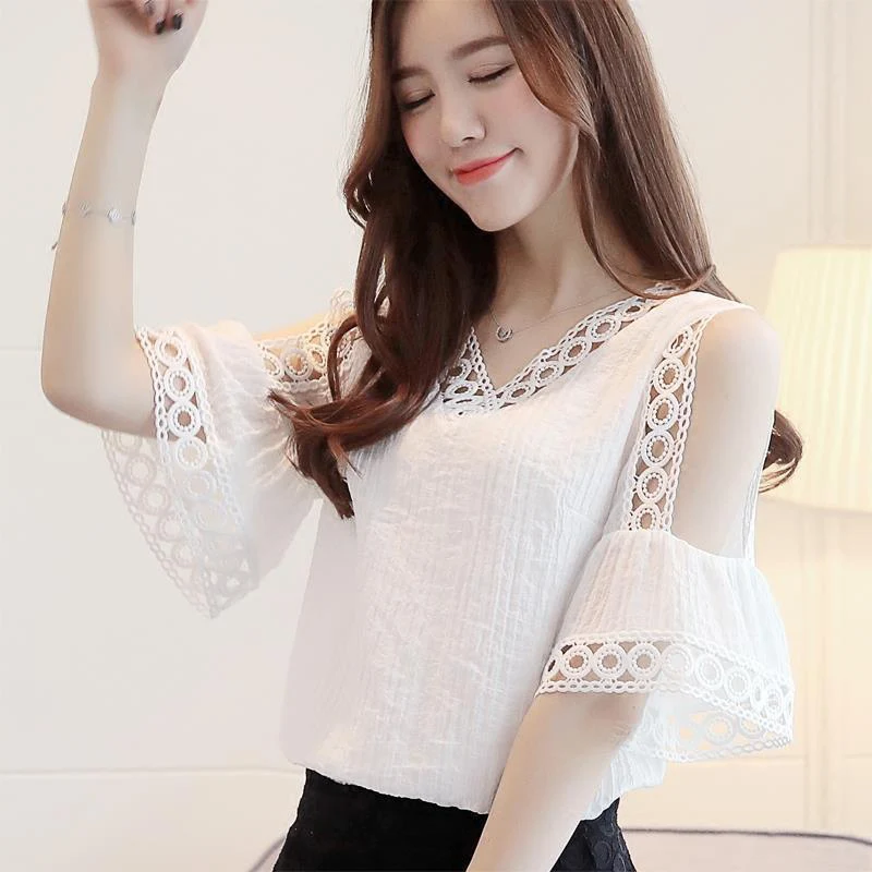 

С открытыми плечами для женщин; Сезон весна-лето; Стиль шифон женские блузки рубашки свободного покроя с коротким Расклешенным рукавом v-обр...