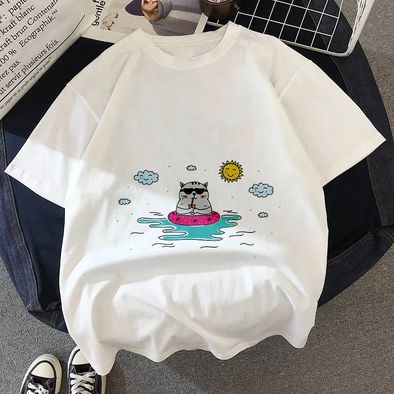 Kawaii, футболка с толстым котом, женская, новинка, летняя, милая, модная, короткий рукав, футболка, белая, тонкая, с секциями, хипстер, футболка, Топы, одежда
