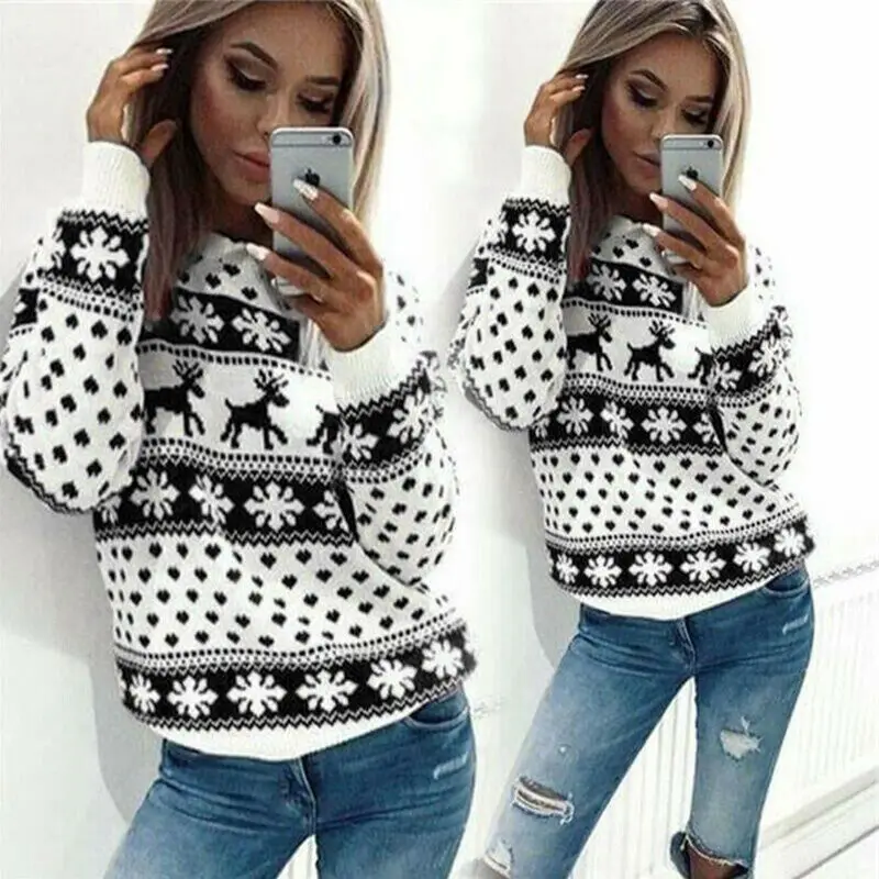 Women Casual Loose Hoodie Sweatshirt Long Sleeve O-Neck Pullover Lady Tops Christmas Xmas Party Hoodies