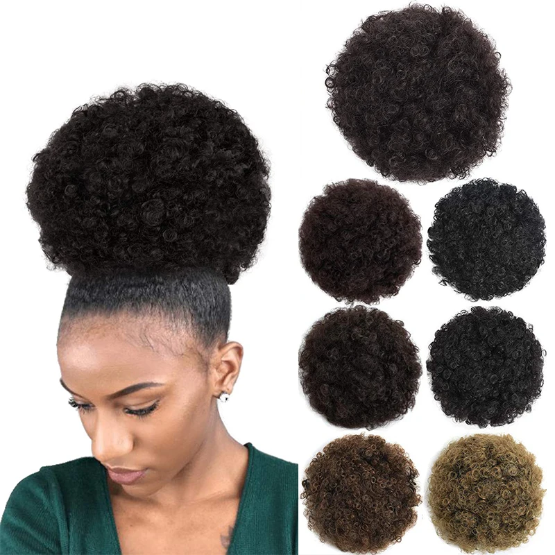 

Kong&Li Puff Afro Curly chignon Wig Ponytail Drawstring Short Afro Kinky Pony Tail Clip In on Synthetic Hair Bun Hair Pieces