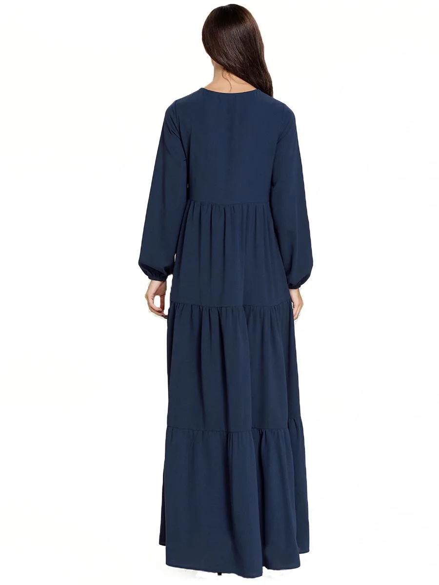 

Stylish Large Size Elegant Woman Maxi Dress Blue Floral Embroidered Long Sleeve Dress Round Neck Muslim Casual Robe T7800