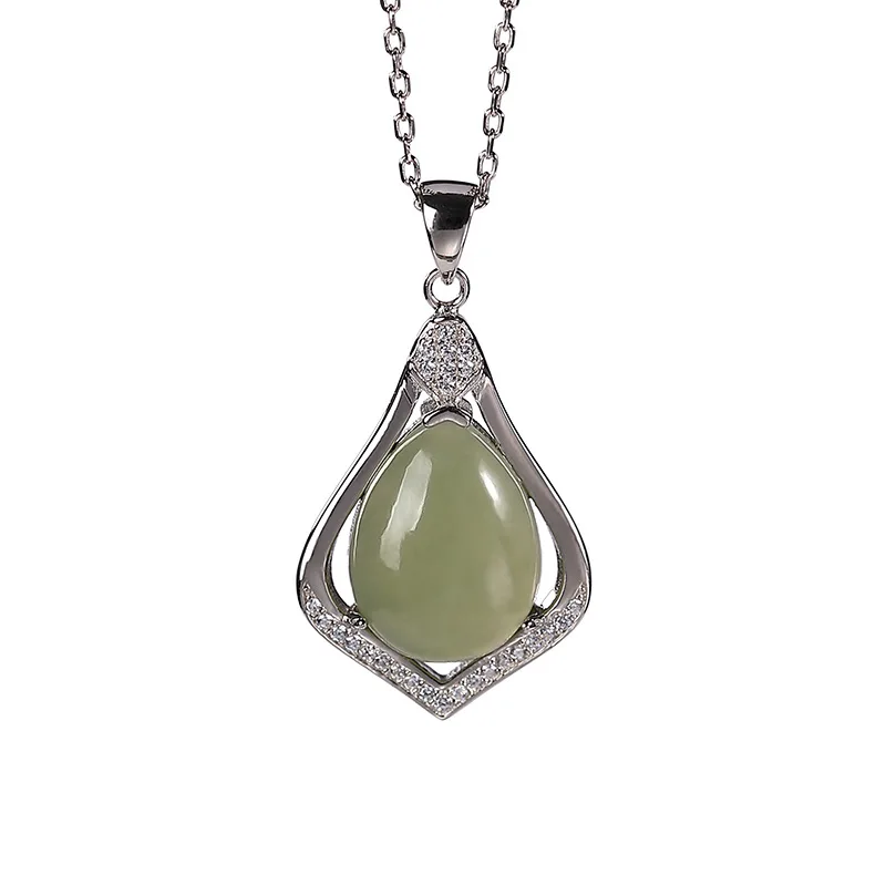 S925 sterling silver Hetian jade gray jade pendant fashionable temperament drop-shaped female choker Valentine's Day gift