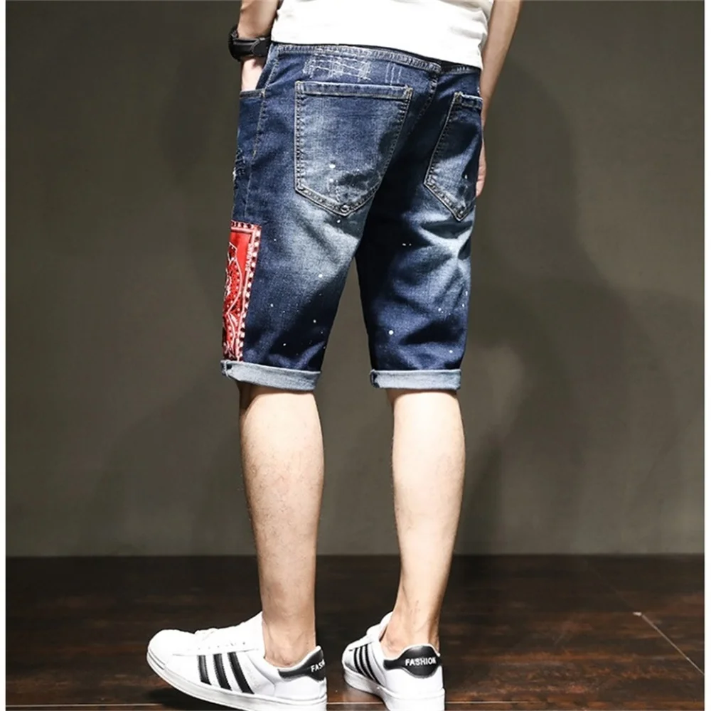 EH·MD® Denim Shorts Men's Painted Pendant Decorate Broken Micro Chapter Embroidery Five-Point Pants Pure Cotton Slim Breathable