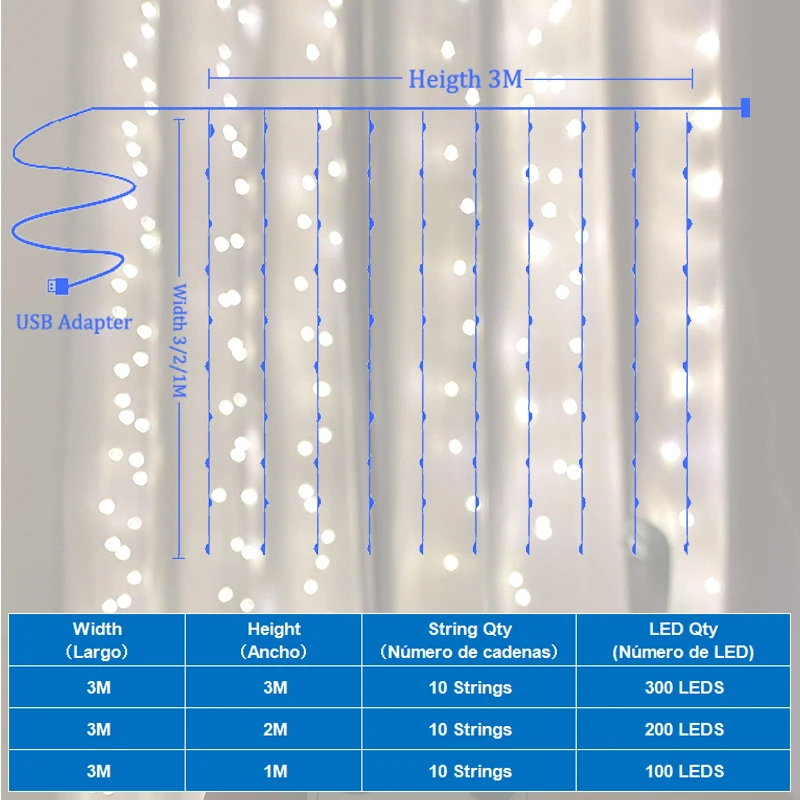 

8 Lighting Modes Curtain LED Fairy Lights Remote Control USB Waterproof for Christmas Bedroom Party Wedding Home Garden Wall Dec