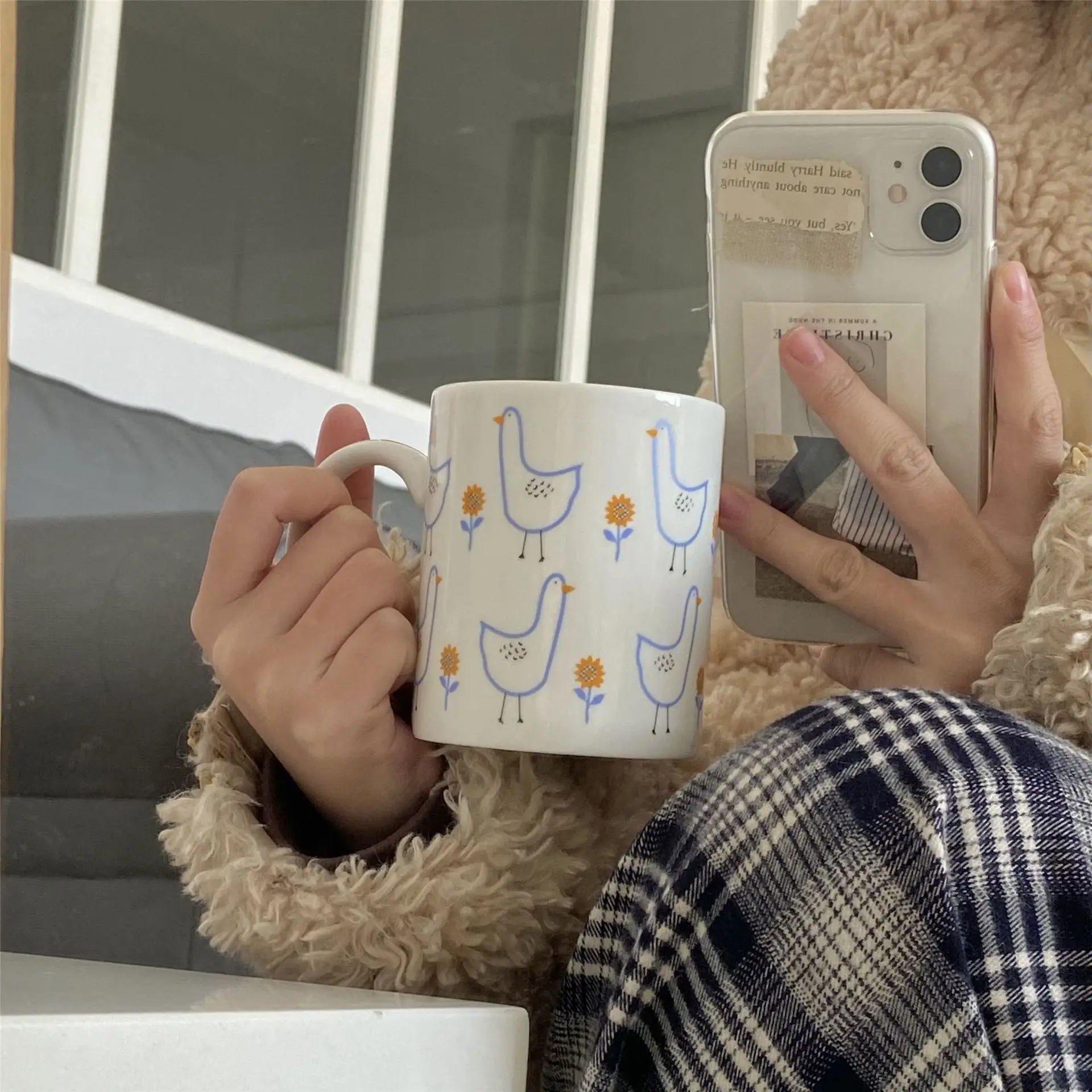 

Новая Милая керамическая чашка в корейском ретро-стиле с фотографией, синяя чашка для дома, кофе, молока, завтрака, подарок на день рождения