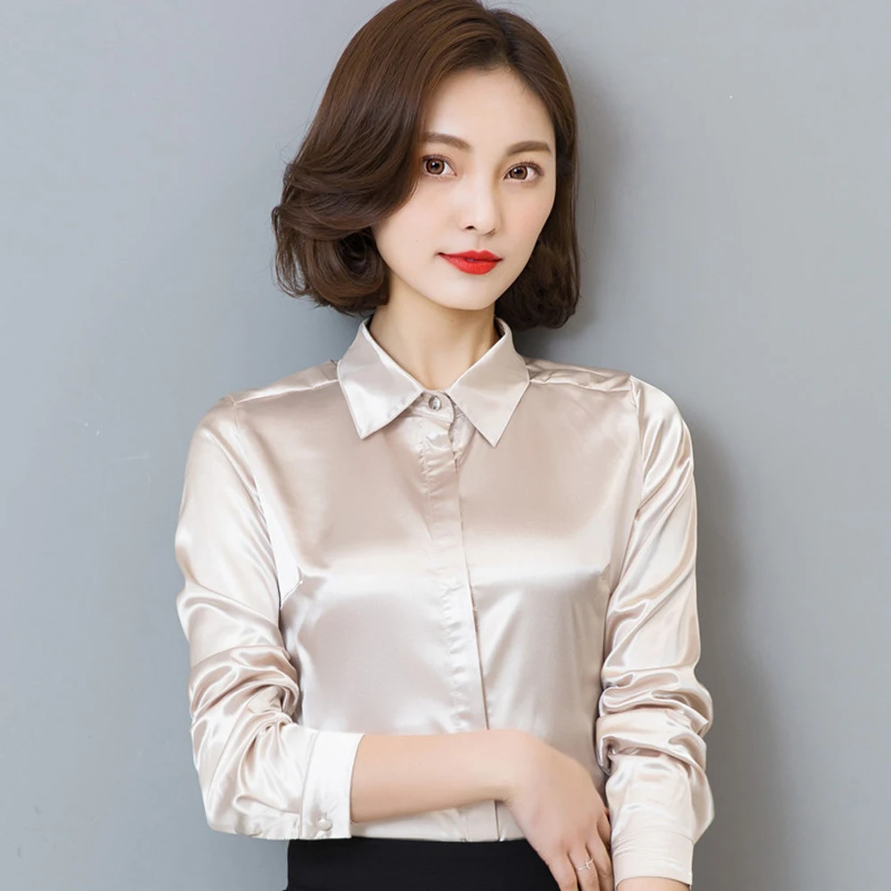 Женская атласная шелковая блузка элегантная рубашка с длинным рукавом для офиса