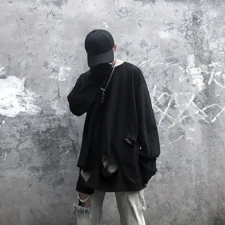 

Autumn hip hop loose high street fashion brand hole broken solid color with bottoming shirt long sleeve style for men and women