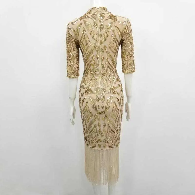 wholesale 2020 Newest Women dress Gold sequins Five-point sleeve tassel Fashion casual Celebrity Boutique Cocktail party | Женская