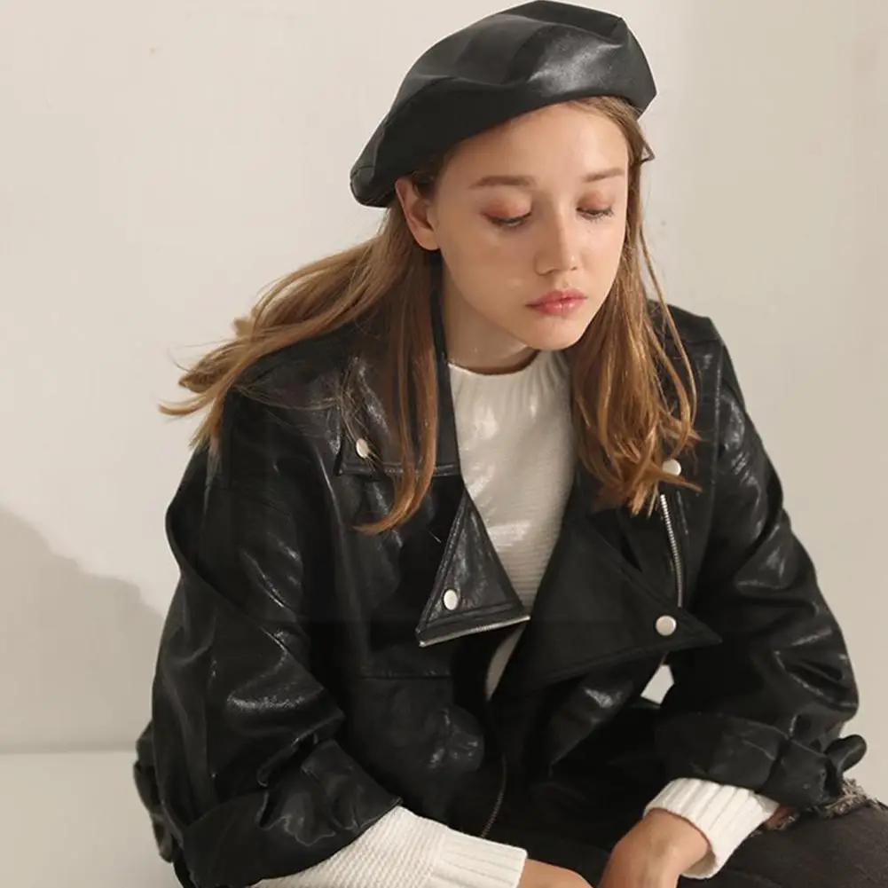 

Leather Beret Pu Painter Cap Flat Top Hat Autumn And Adjustable Fashion Cap All-match Beret Hat Winter Leather Women Cap E3m7