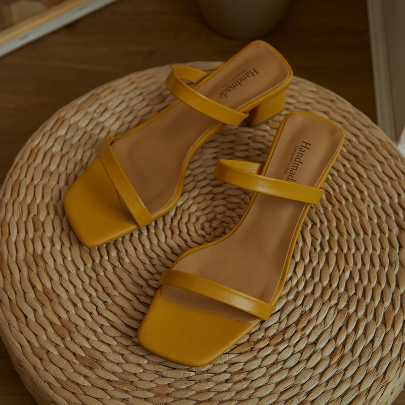 

Genuine leather Mules Shoes Women slippers 4cm thick med heels Summer ladies Pumps Nigh Club party Shoes Woman