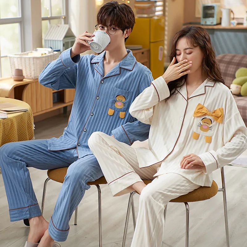 

Cotton Couples Home Clothing Lovers Homedress Pajamas Fashion Women's Long Sleeved Trousers Nightdress Men's leisure Sleepwear