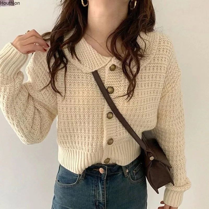 

Autumn and Winter New Women's Sweater Knitting Cardigan Casual Fashion Clothing Polo Collar Long Sleeve Tops Houthion