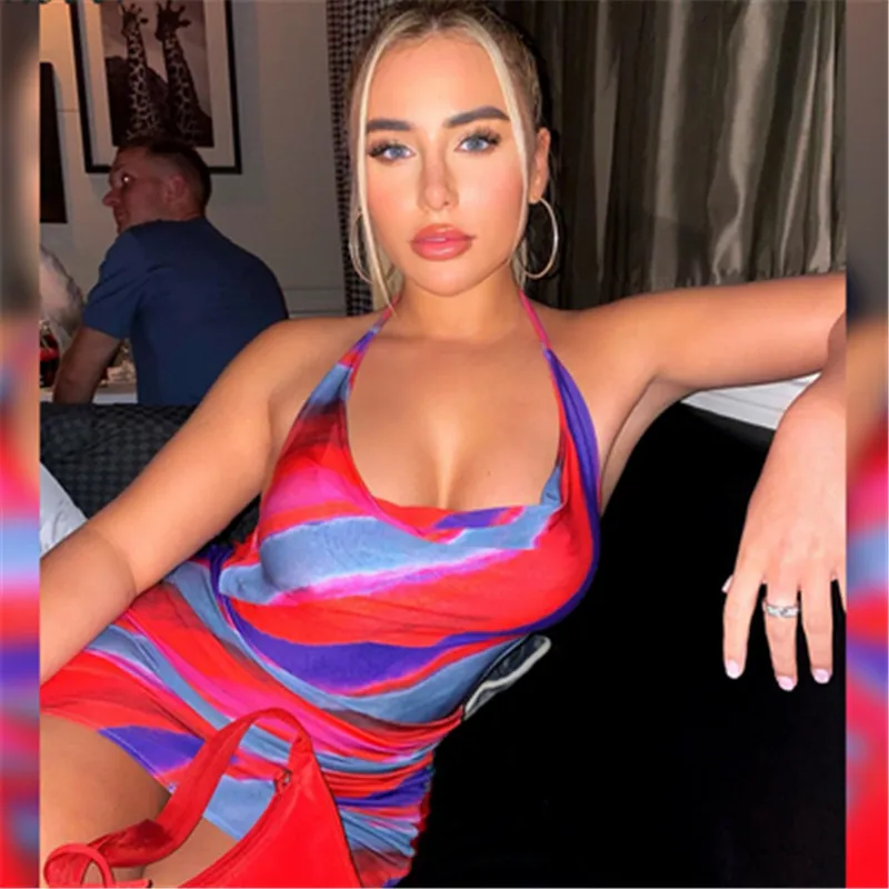 

2021 Sleeveless Multicolor Printing Cut Out Patchwork Mini Dress Autumn Winter Women Fashion Sexy Party Club Elegant Wear