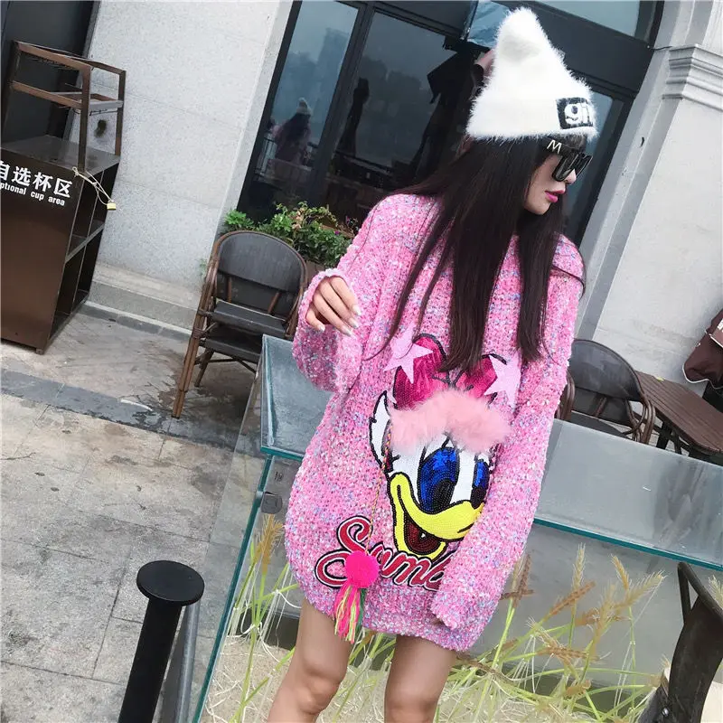 

Женский свободный трехмерный свитер с блестками, Модный жакет большого размера из мультфильма Disney и маргаритки, осень/зима 2021