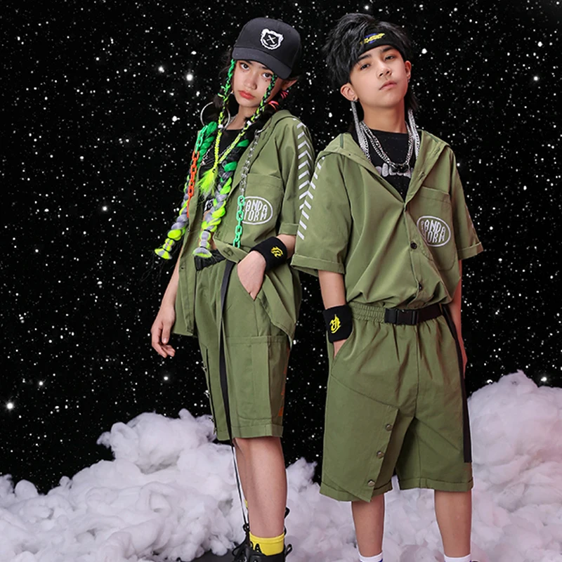

Children'S Hip-Hop Clothing Boys Short-Sleeved Shirt Army Green Suit Jazz Performance Costumes Street Dance Rave Clothes 120-170